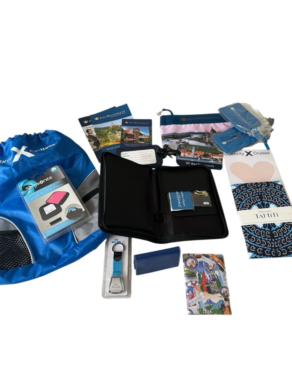Branded Travel Accessory Set with Blue Nylon Drawstring Back Pack